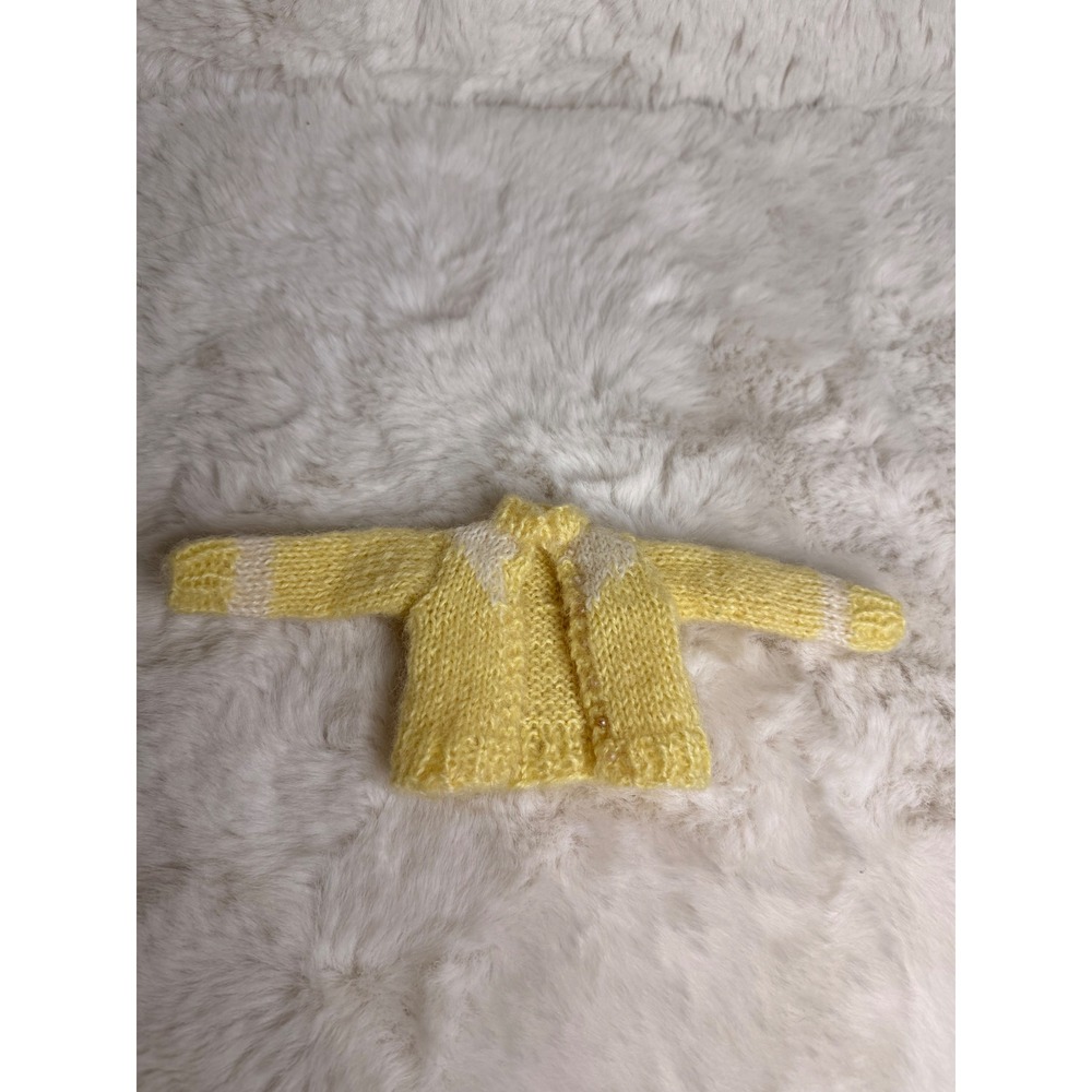 Vintage 1960s Yellow & White Knitted Barbie Clone Sweater Pearl Buttons Cardigan